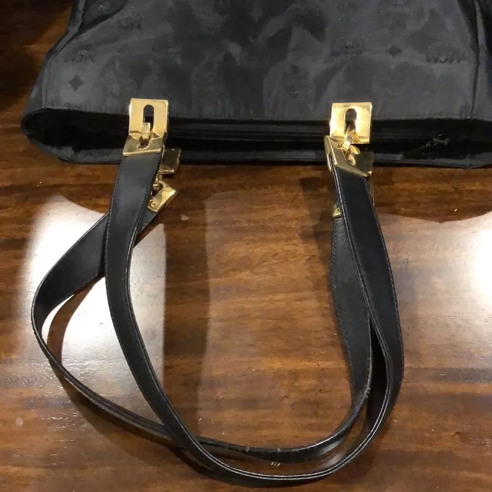 MCM Black & Gold Monogram Shoulder Bag with Top Zipper Closure German